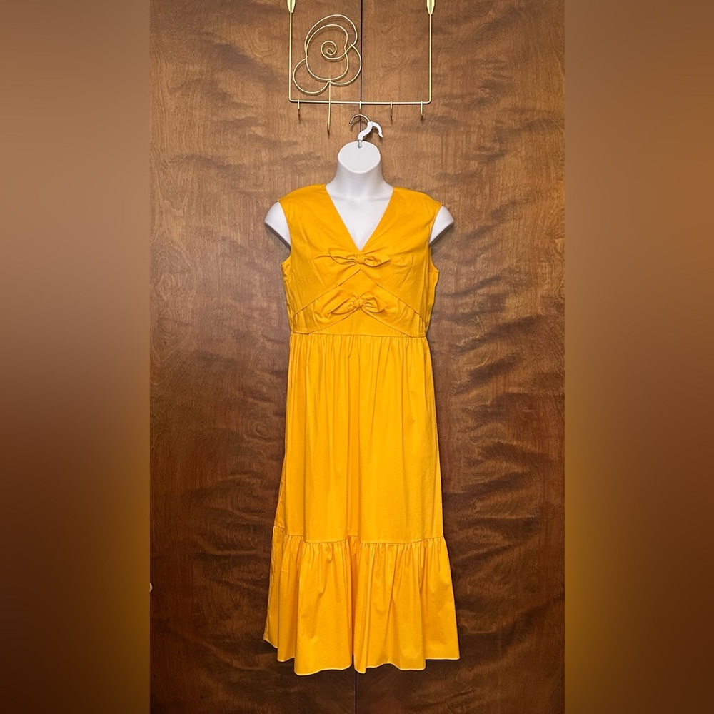 Anne Klein Womens Bow Front Sleeveless Midi Dress Womens 12 Gold Cotton Wedding